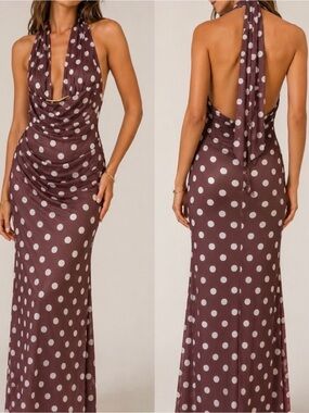 Caroline Constas Brown Polka Dot Halter Midi Dress